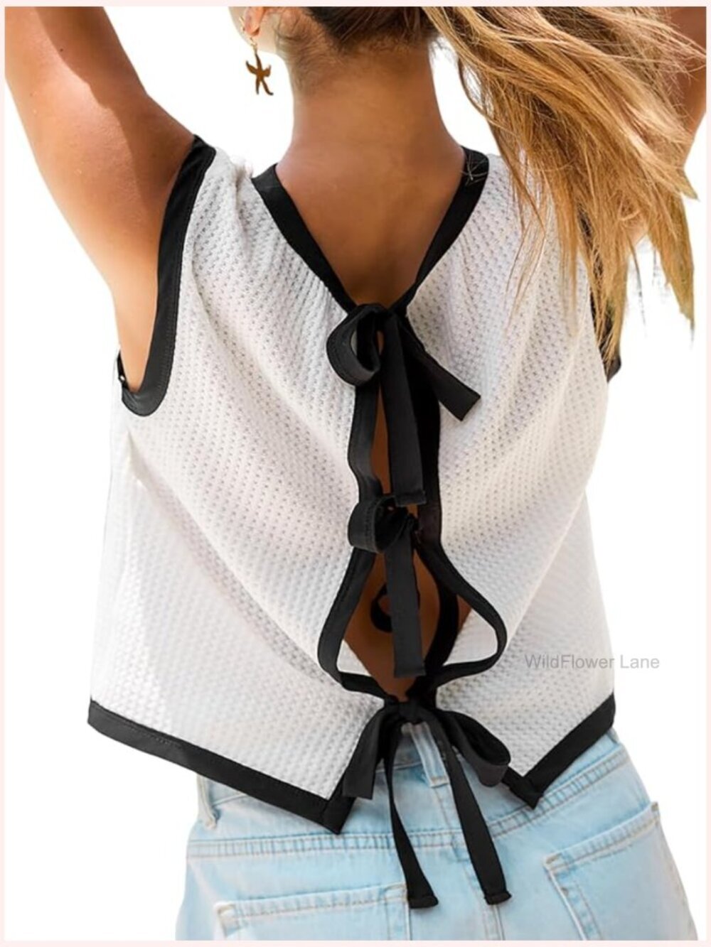 Waffle Knit Tank Top with Tie Back Bows Sleeveless Summer